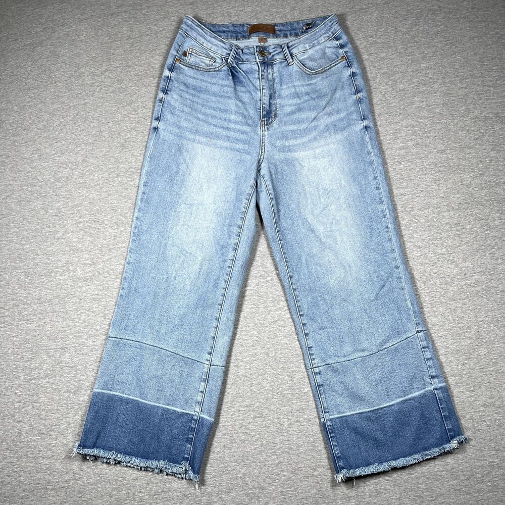 Judy Blue Jeans Womens 7/28 Blue Wide-Leg Crop High Rise Light Wash Frayed Hem